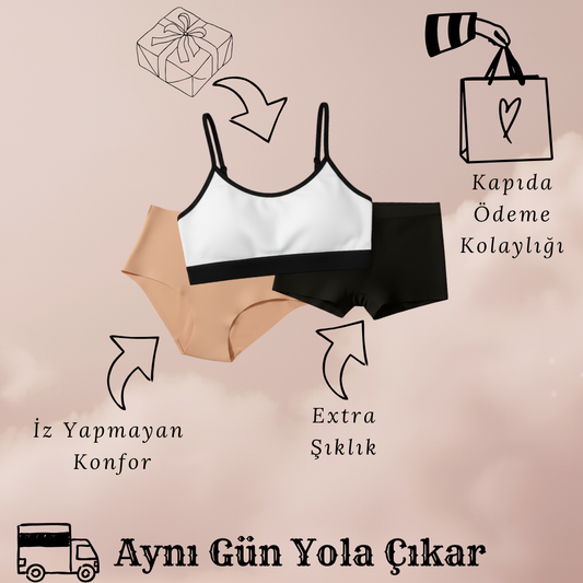 Kadın İç Giyim Hediye Seti – Lazer Kesim Külot + Boxer + Büstiyer